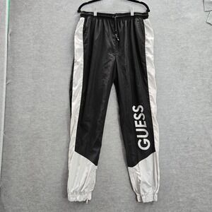GUESS Men Activewear Pants L Black Colorblock Windbreaker Logo Drawstring Pocket
